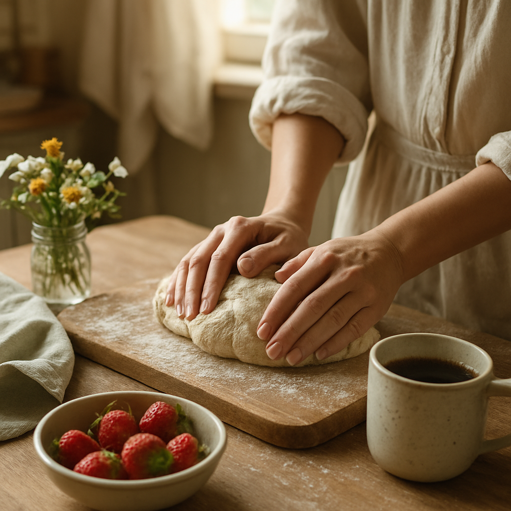 Hands kneading bread dough in a warm, sunlit kitchen with coffee and fresh strawberries nearby