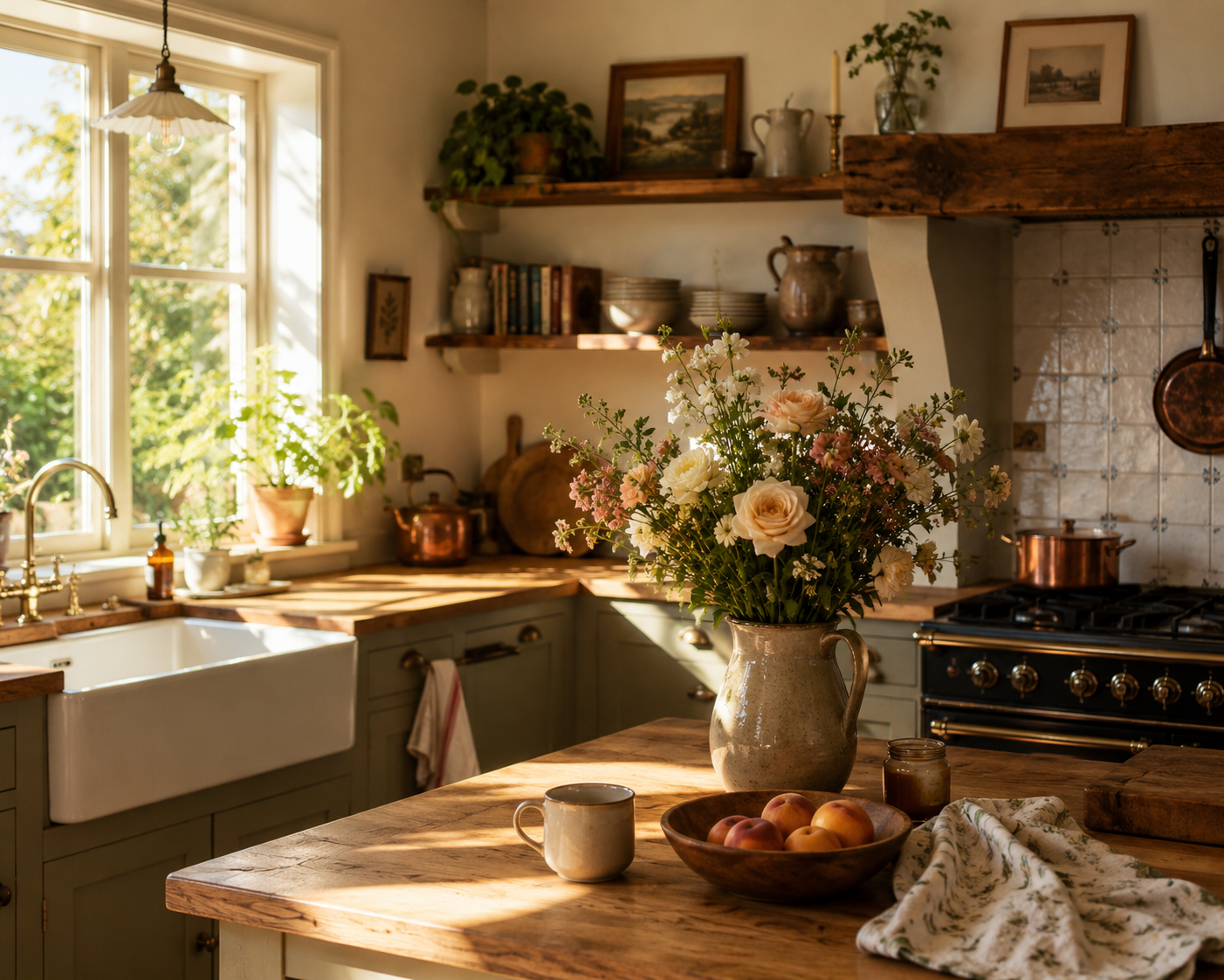 A sunlit cottage kitchen with a fresh bouquet in a stoneware pitcher, copper kettle, farmhouse sink, and warm wooden island