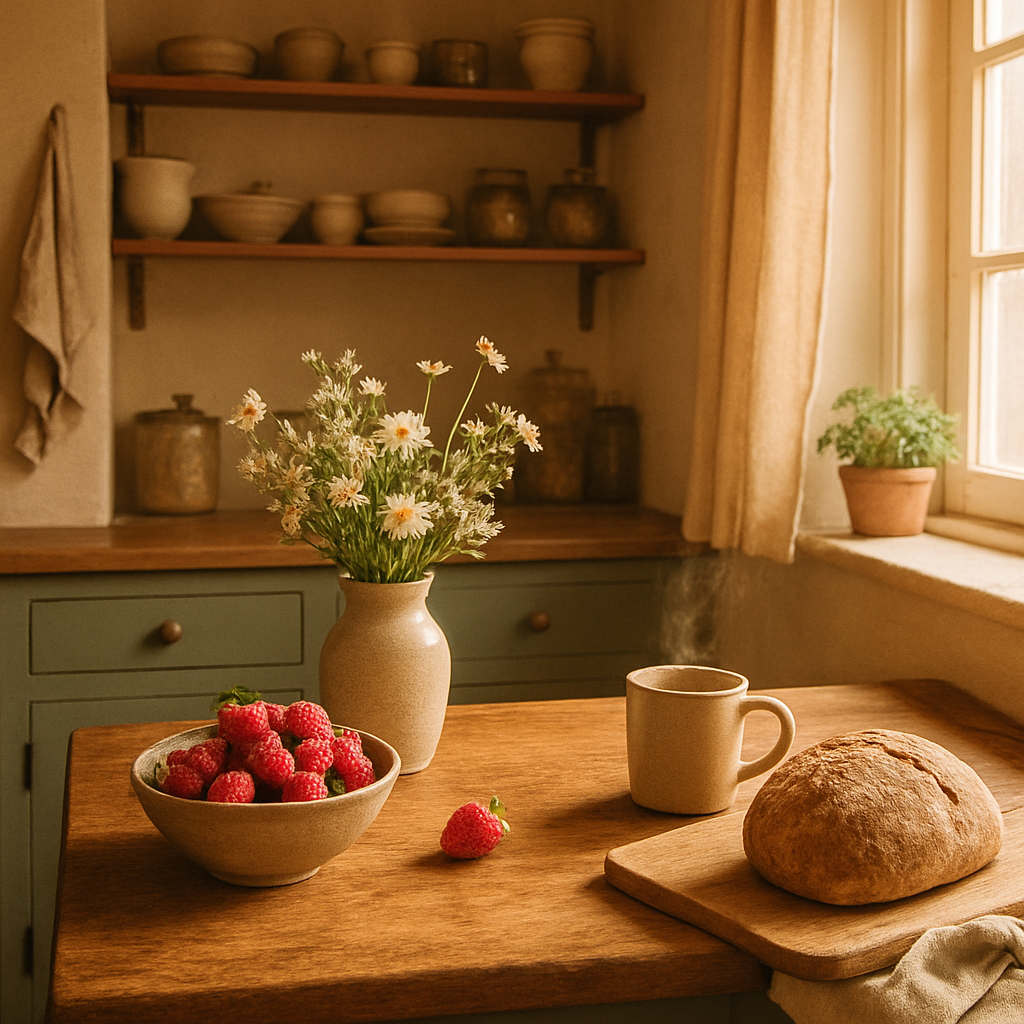 A warm, inviting kitchen in soft morning light with fresh strawberries, wildflowers, and rustic wooden countertops